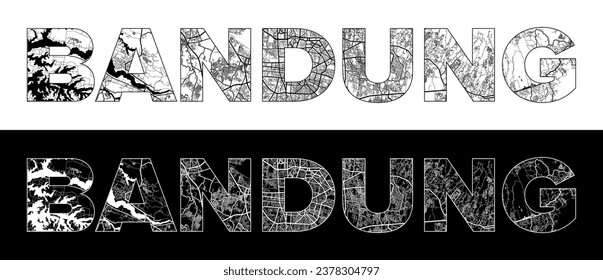 Bandung City Name (Indonesia, Asia) with black white city map illustration vector
