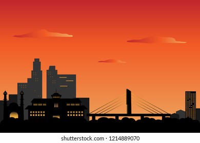 Bandung cityscape at sunset - Silhouete of Bandung City skyline at down, orange sky