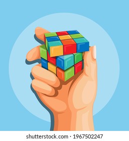 Bandung, Indonesia - April 19 2021: Illustration Hand Holding Rubik`s Cube Puzzle Concept In Cartoon Vector