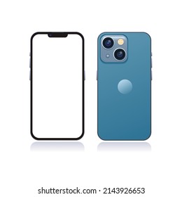 Bandung, Indonesia - April 8 2022: Apple IPhone 13 Front And Back In Blue Color Mockup Template Illustration Vector