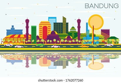 Bandung Indonesia City Skyline with Color Buildings, Blue Sky and Reflections. Vector Illustration. Business Travel and Tourism Concept with Historic Architecture. Bandung Cityscape with Landmarks.