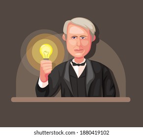 Bandung, Indonesia - Desember 22 2020: Illustration Of Thomas Alva Edison Inventor Of Light Bulb And Electric Power Generator Concept In Cartoon Illustration Vector