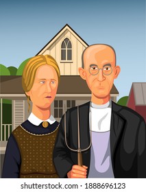 Bandung, Indonesia, January 7 2021: Illustration Of American Gothic By Grant Wood 1930 Potrait Of Farmer With Daughter Holding Pitchfork In Eldon,Iowa. USA. Concept In Cartoon Vector