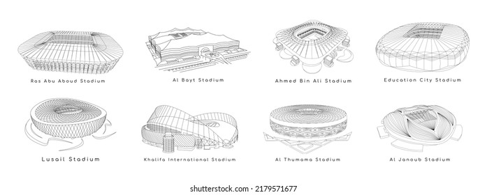 Bandung, Indonesia - July 18, 2022: Set of line art designs for the Qatar 2022 World Cup Stadium. Set for the Football arena. Football stadium building. World Cup.
