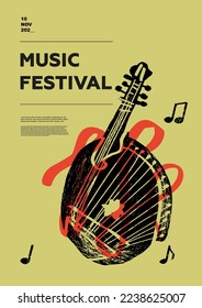 Bandura, folk. Music festival poster. String musical instruments. Competition. A set of vector illustrations. Minimalistic design. Banner, flyer, cover, print.