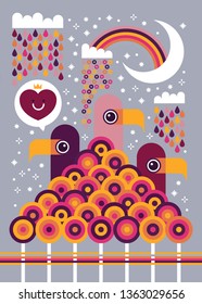 Bandurrias singing on geometrical kawaii trees 