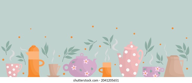 Baner with teapots and cups with decor. Tea set for the ceremony in pastel colors. 
