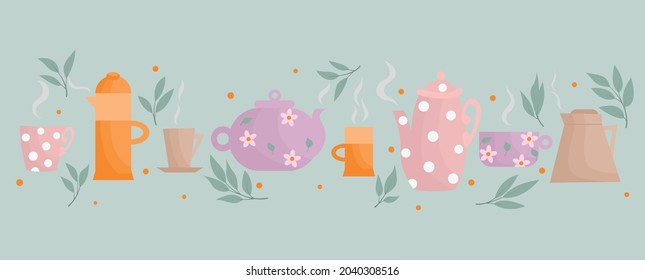 Baner with teapots and teapots. Tea set with decor. Tea ceremony in pastel shades. 