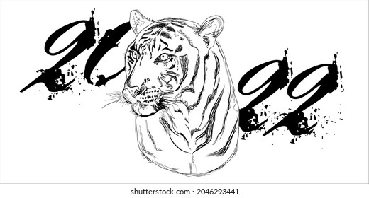 Baner tiger 2022. Line vector icon. Happy new year 2022 in doodle style on black background. Hand drawn style. Year of the Tiger.