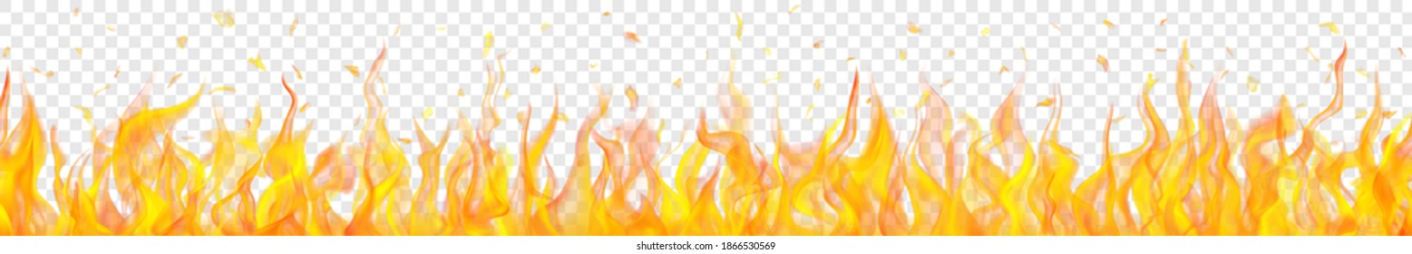 Baner of translucent fire flames and sparks with horizontal repetition on transparent background. For used on light illustrations. Transparency only in vector format