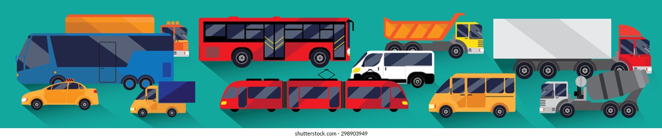 Baner of urban public and freight transport. Green background. It includes bus, minibus, taxi, tram and truck fuel truck, cement and others. Performed flat.