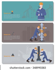 baners with oilman, gasman or oil and gas industry worker on production vector illustration