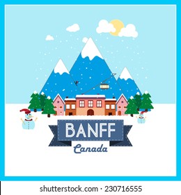 Banff, Canada, Winter Holiday destination flat design on snowy mountain background.