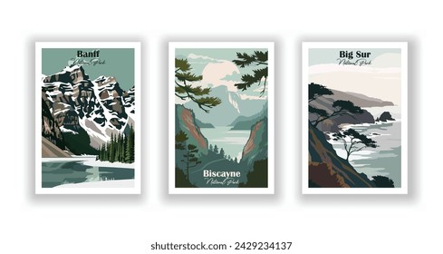 Banff, National Park. Big Sur, National Park. Biscayne, National Park - Vintage travel poster. Vector illustration. High quality prints