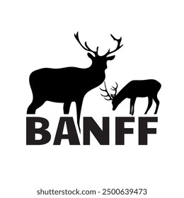 Banff Stamp Vektor mit Hirschen. Besuchen Sie den Nationalpark. Canada Tourism Product Marketing. Tierwelt.