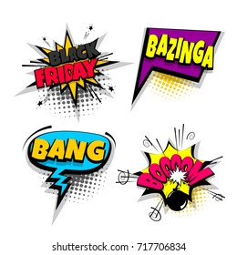 bang boom black friday set lettering. Comics book balloon. Bubble icon speech pop art phrase. Cartoon font label expression. Comic text sound effects. Vector illustration.