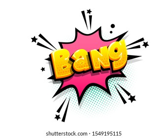 Bang boom isometric comics text shock phrase pop art. Cartoon funny retro font. Colored comic text speech bubble. Positive sticker cloud vector illustration.