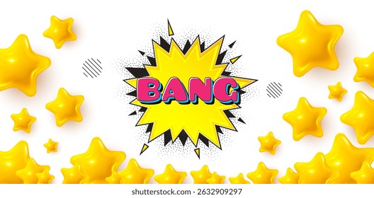 Banner do vencedor da bolha Bang com estrelas 3d. Banner das estrelas douradas. Banner de bolhas de desenhos animados bang. Forma de adesivo de desconto. Ícone do desenho animado. Revisar plano de fundo da taxa. Vetor