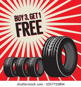 Bang burst tires business concept with text Buy 3, Get 1 Free, vector illustration