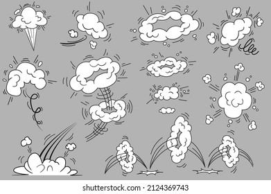 Bang and cloud explosions in comic style set isolated elements. Bundle of smoke effects frames with splashes and curve moving to express energy of motion. Vector illustration in flat cartoon design.