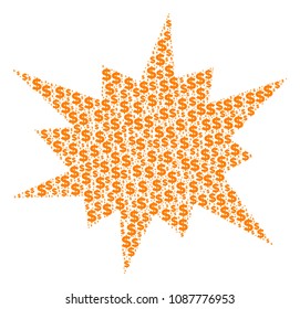 Bang collage of dollars and round points. Vector money symbols are grouped into bang illustration.