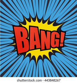 Bang comic bubble text with halftone effect. Pop art style. Radial lines background. Explosion vector illustration