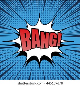 Bang comic bubble text. Pop art style. Radial lines background. Explosion vector illustration. Halftone effect
