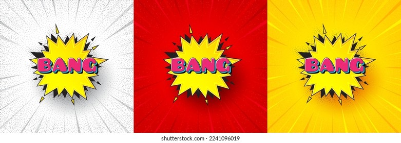 Bang comic cartoon bubble banner. Flash offer banner, coupon or poster. Discount sticker shape. Cartoon boom icon. Bang bubble promo banner. Retail marketing flyer. Starburst pop art. Vector