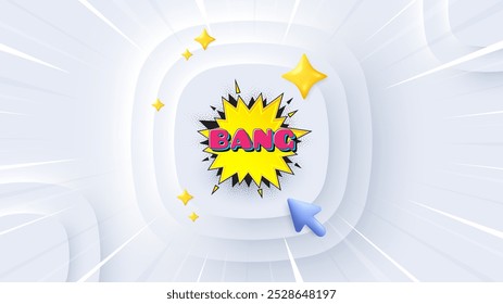 Bang Comic Cartoon Blase Banner. Neumorphic Angebot 3D-Banner, Poster. Rabatt Aufkleber Form. Cartoon-Boom-Symbol. Bang Blase Promo Event Hintergrund. Sunburst Banner, Flyer oder Coupon. Vektorgrafik