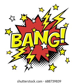 BANG! comic sound in speech bubble. Comic text. Vector bubble icon speech phrase. Comics book balloon. Halftone background.