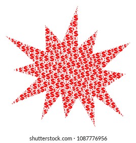 Bang composition of dollar symbols and round dots. Vector dollar icons are organized into bang illustration.