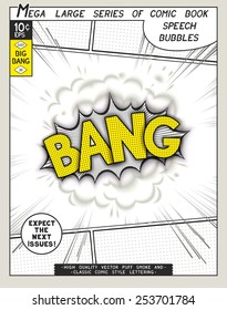 Bang. Explosion in comic style with lettering and realistic puffs smoke. 3D pop art speech bubble. Vector graphics CMYK