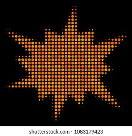 Bang halftone vector icon. Illustration style is dotted iconic bang symbol on a black background. Halftone matrix is constructed with circle points.