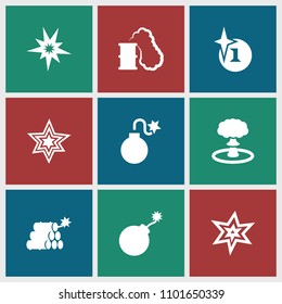 Bang icon. collection of 9 bang filled icons such as explosion, dynamite, smoking can. editable bang icons for web and mobile.