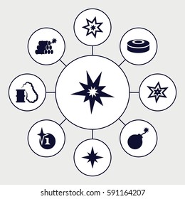 bang icons set. Set of 9 bang filled icons such as explosion, dynamite, smoke bomb, smoking can