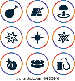 Bang icons set. set of 9 bang filled icons such as explosion, dynamite, smoke bomb