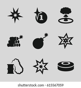 Bang icons set. set of 9 bang filled icons such as explosion, dynamite, smoke bomb, smoking can