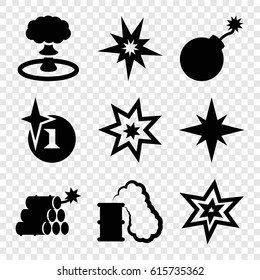 Bang icons set. set of 9 bang filled icons such as explosion, dynamite, smoking can