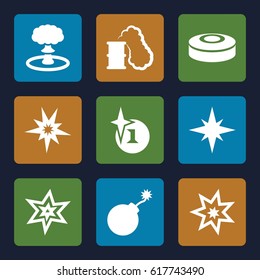 Bang icons set. set of 9 bang filled icons such as explosion, smoke bomb, smoking can
