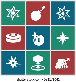 Bang icons set. set of 9 bang filled icons such as explosion, dynamite, smoke bomb