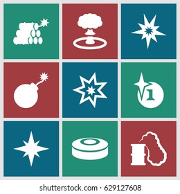 Bang icons set. set of 9 bang filled icons such as explosion, dynamite, smoke bomb, smoking can