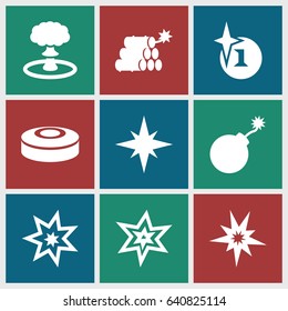 Bang icons set. set of 9 bang filled icons such as explosion, dynamite, smoke bomb