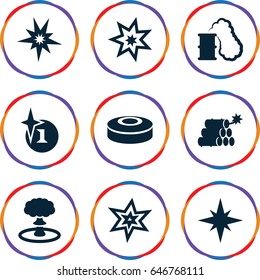 Bang icons set. set of 9 bang filled icons such as explosion, dynamite, smoke bomb, smoking can