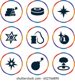 Bang icons set. set of 9 bang filled icons such as explosion, dynamite, smoke bomb, smoking can