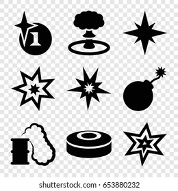 Bang icons set. set of 9 bang filled icons such as explosion, smoke bomb, smoking can