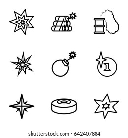 Bang icons set. set of 9 bang outline icons such as explosion, dynamite, smoke bomb, smoking can