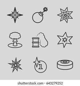 Bang icons set. set of 9 bang outline icons such as explosion, smoke bomb, smoking can