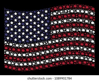 Bang items are organized into waving USA flag abstraction on a dark background. Vector composition of American state flag is constructed from bang items. Designed for political and patriotic collages.