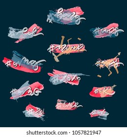 bang, lol, oops, never, omg, XOXO, ok, hi, ever. Hand drawn hashtag sticker set on watercolor smears for social media content web banners or web site.