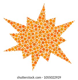 Bang mosaic of round dots in different sizes and color tinges. Dots are united into bang vector collage. Vector illustration.